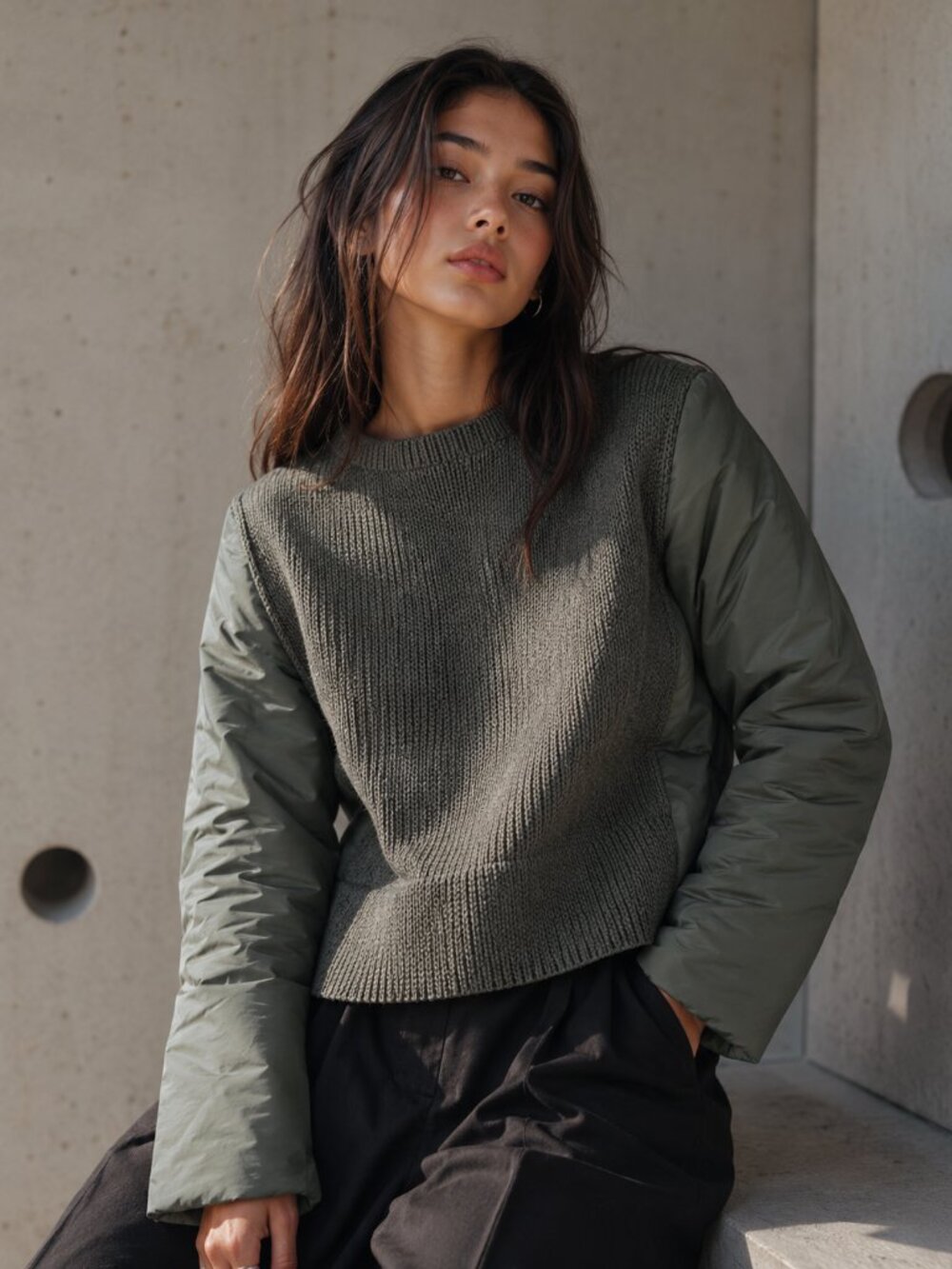 ZARA OLIVE WOOL BLEND SWEATER W/ PADDED NYLON SLEEVES | MADE IN ITALY | RARE | M